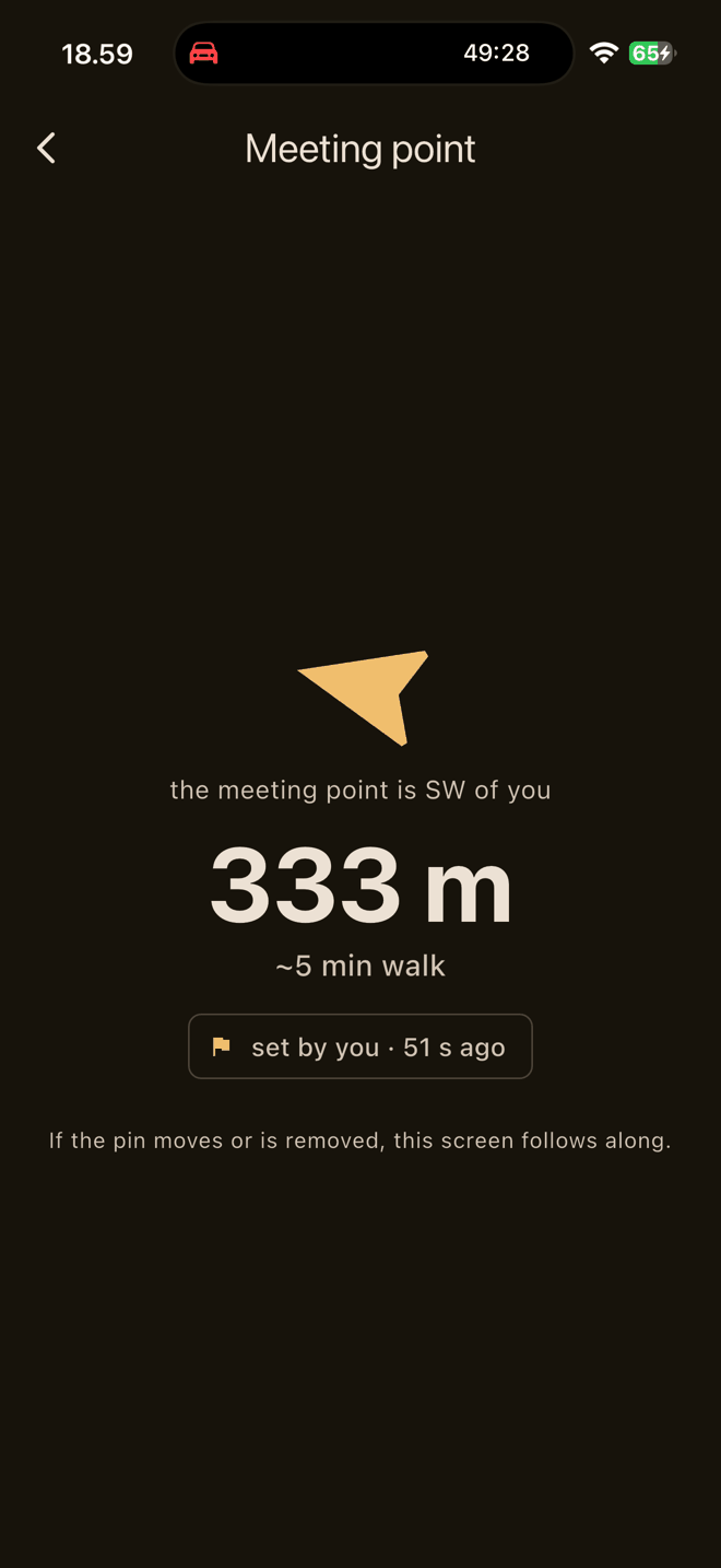 findme showing a large amber arrow pointing south-west with the distance 333 metres and an estimated five minute walk
